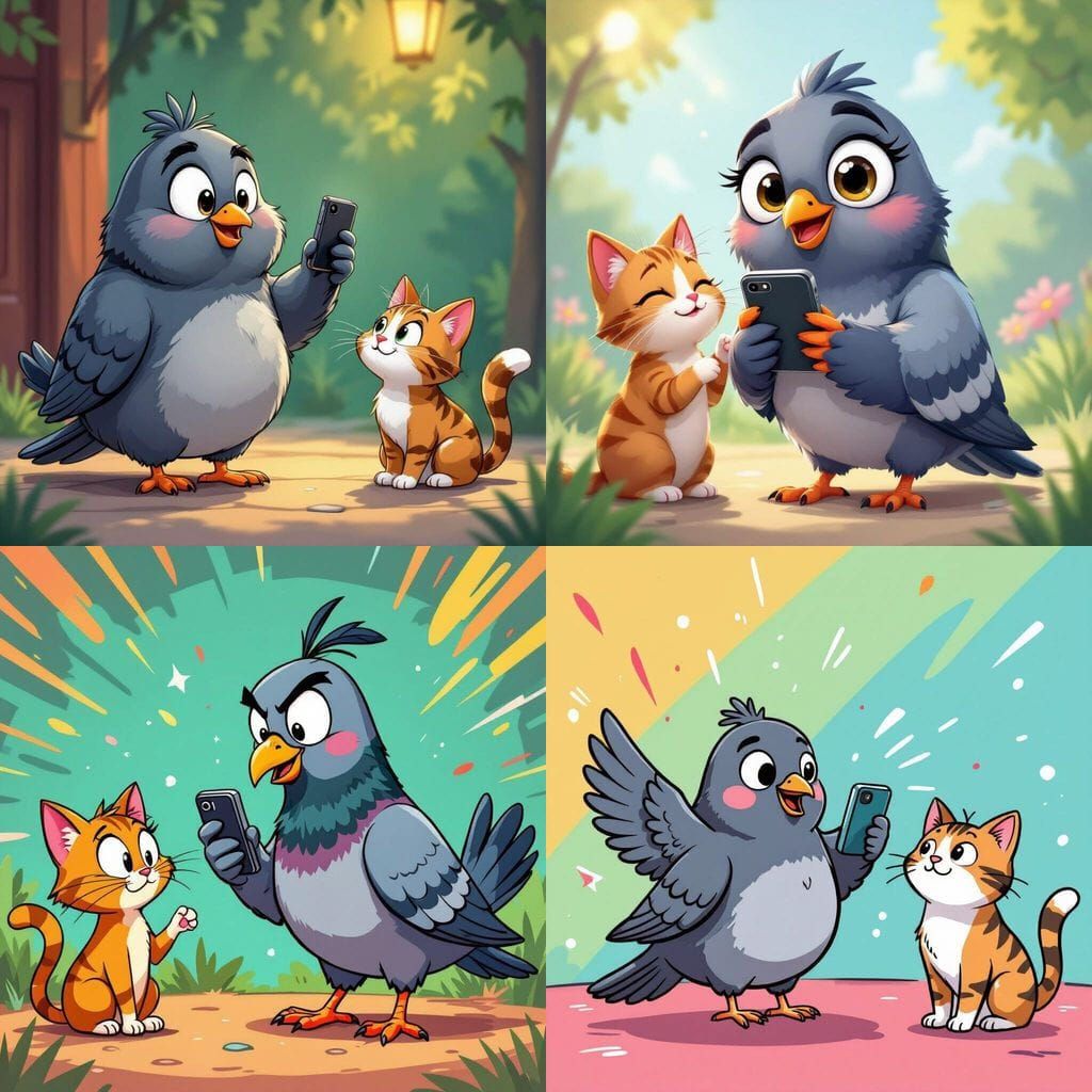 Cartoon Pigeon Records Cat in Bright YouTube Style