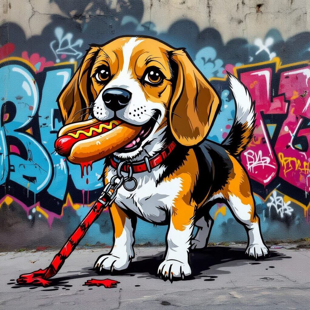 Mural of Beagle Dog Stealing Hotdog in Graffiti Style
