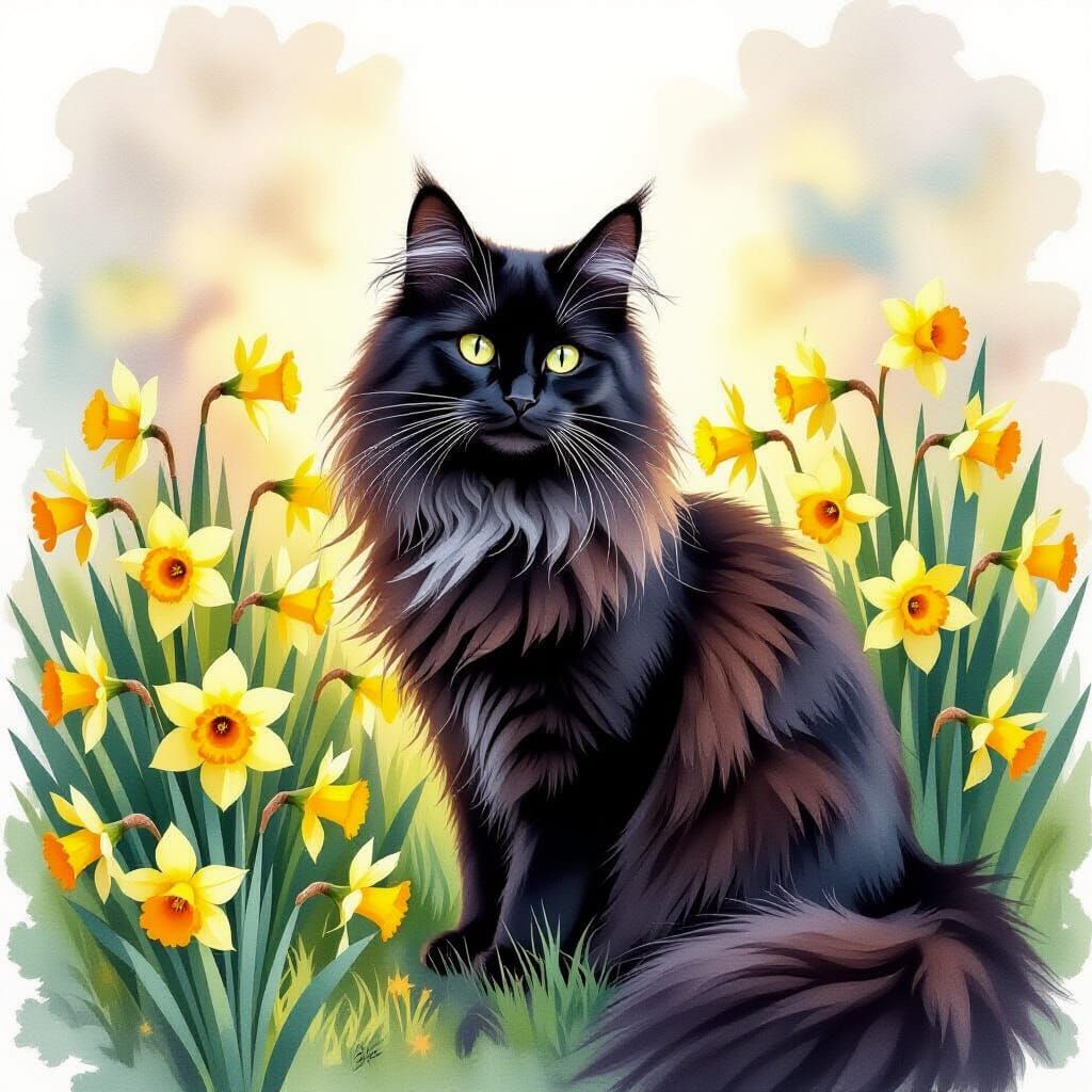 Black Cat Among Daffodils Watercolor Painting