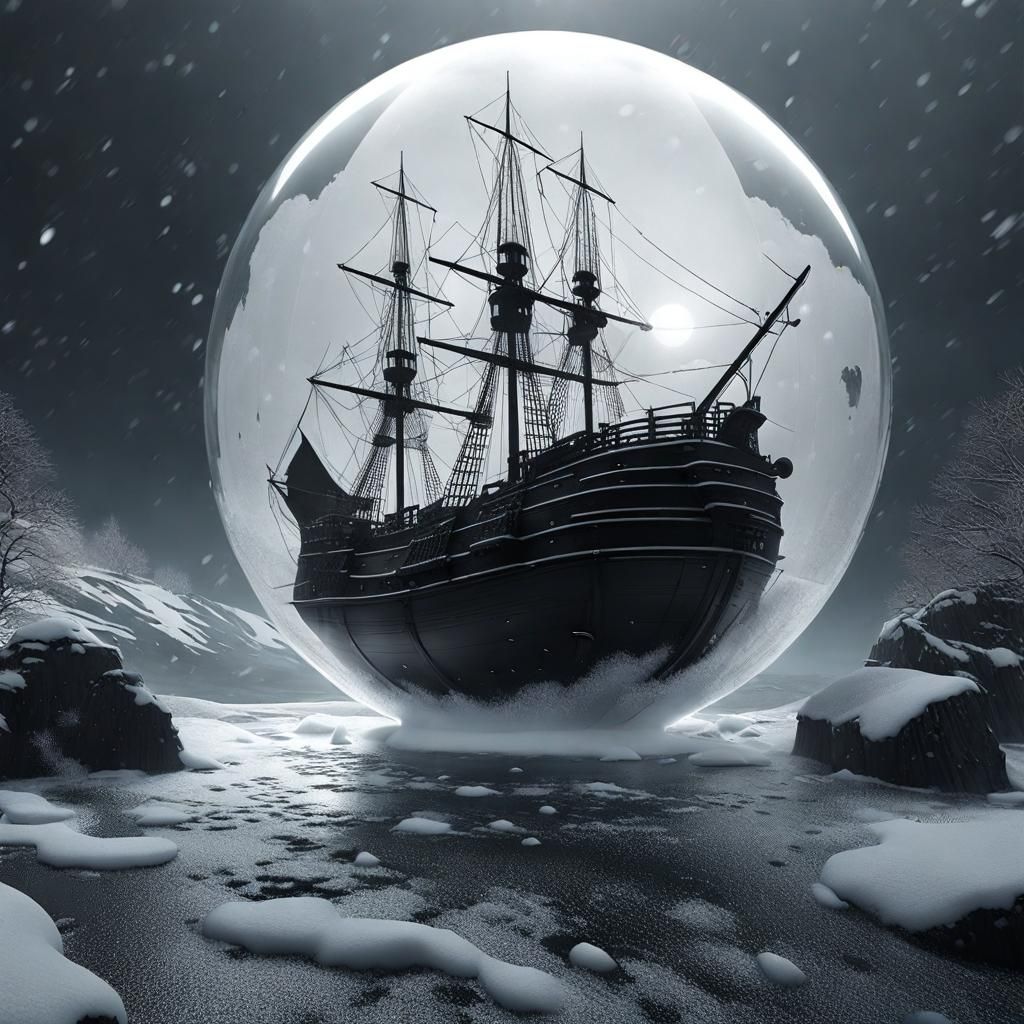 Pirate Ship Sea Monster Snow Globe Horror