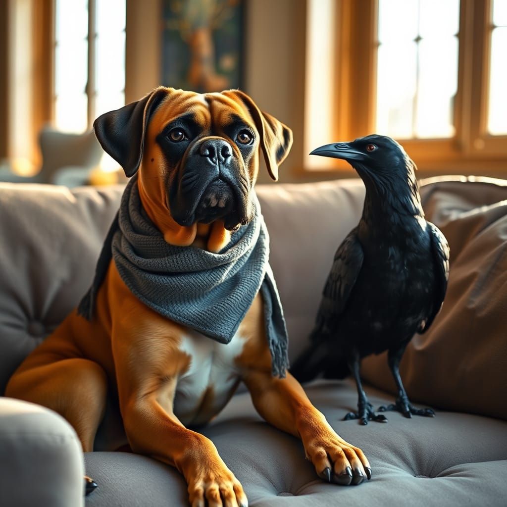 Yellow Boxer Dog and Crow Share a Heartwarming Moment in Coz...