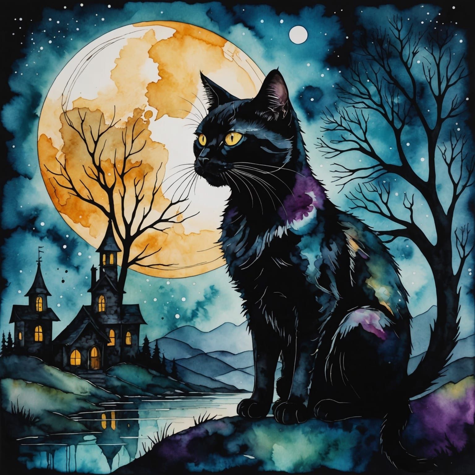 Black Cat Hissing in Moonlight: Alcohol Ink Art