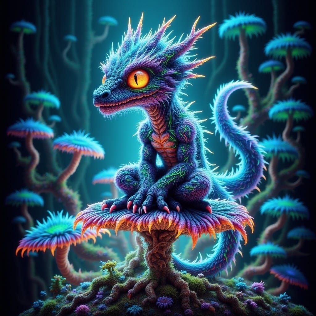 Chibi Dragon on Bioluminescent Mushroom, Surreal Art