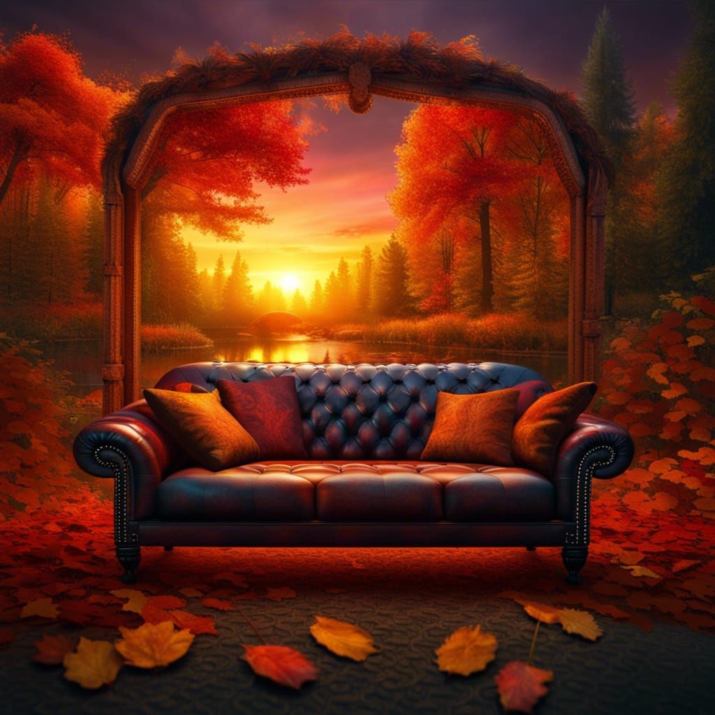 Cozy Leather Couch in Autumn Forest Sunset
