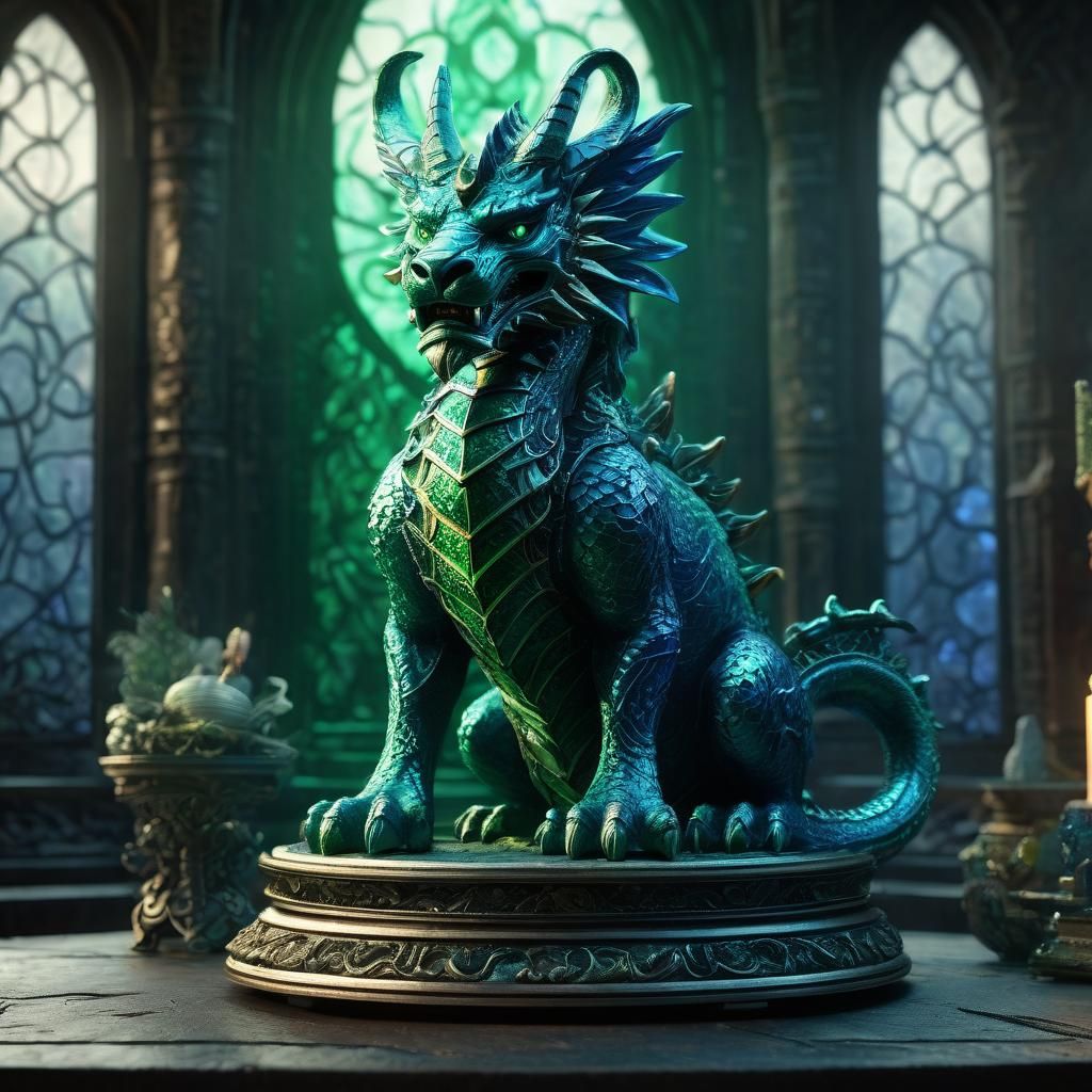 Enameled Tiamat Glass Figurine on Mystical Altar