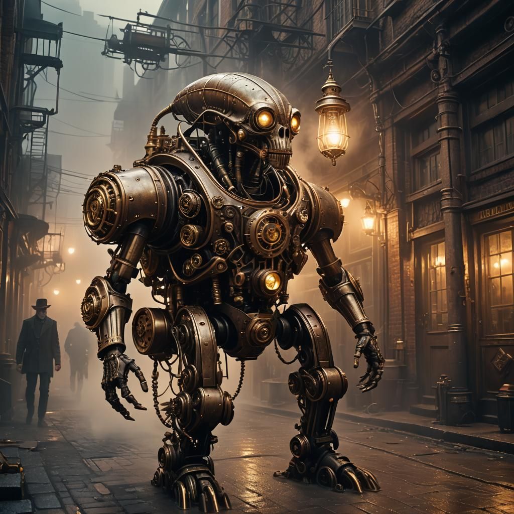 Steampunk Alien in Foggy Alleyway, Science Fiction Art
