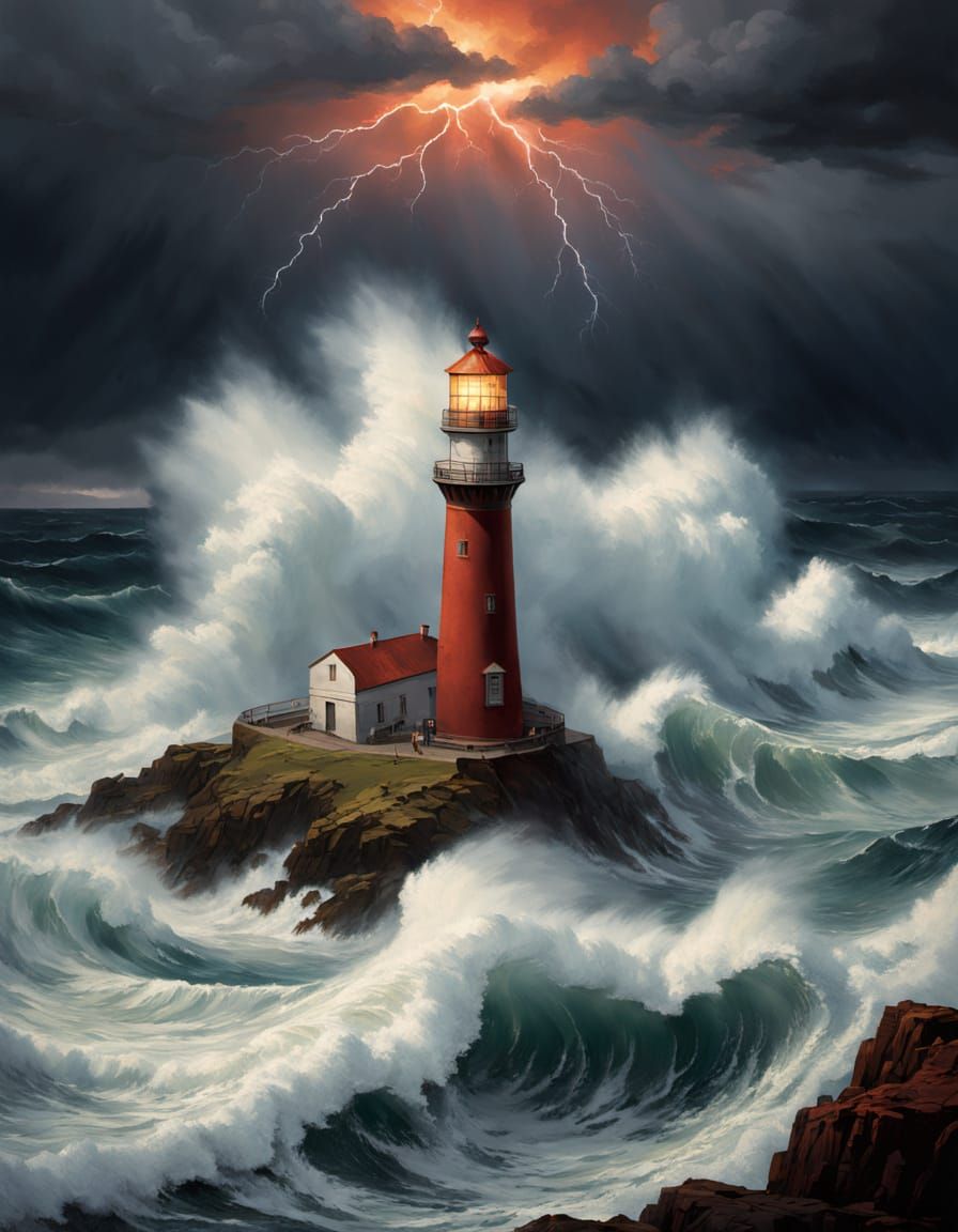 Dramatic Lighthouse & Frigate in Stormy Sea Oil Painting
