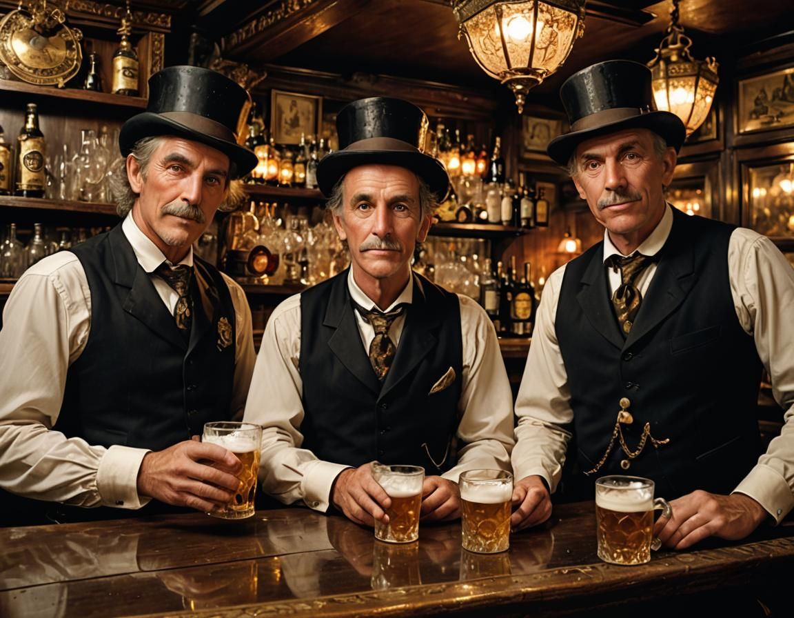 Steam Punk Gentlemen Enjoying Beer in Victorian-Era London