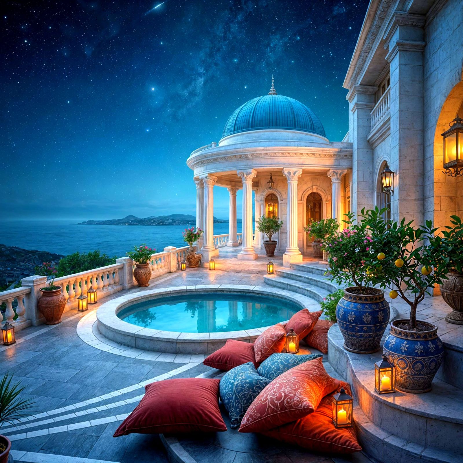 Greek Villa at Sunset with Blue Dome