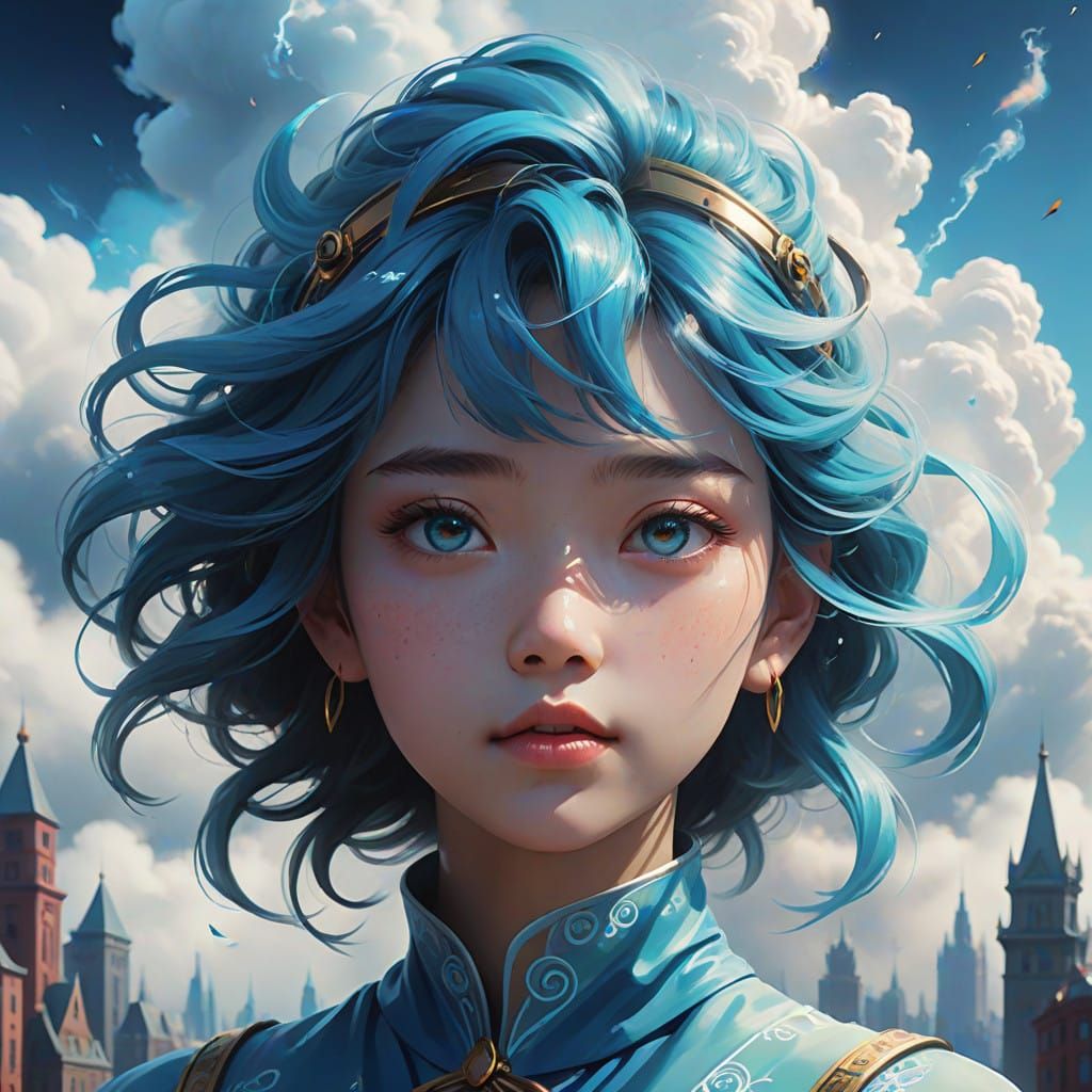 Whimsical Cloud Goddess in Dreamy Cityscape