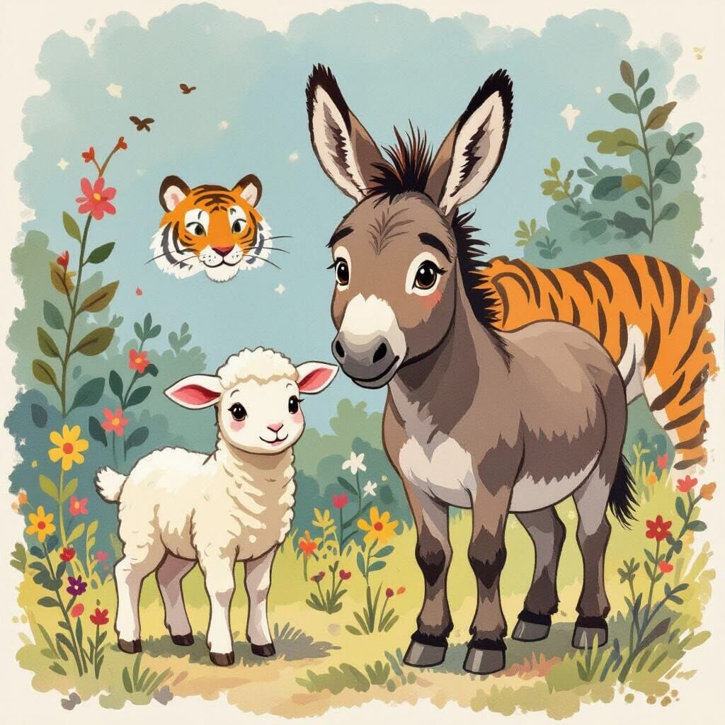 Cute Donkey Foal, Lamb, and Tiger Together