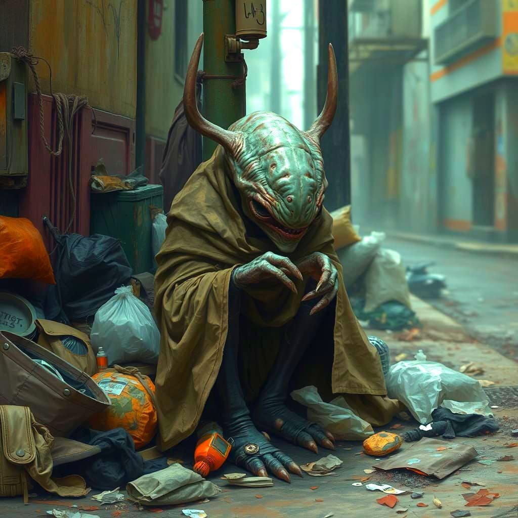 Homeless Alien Beggar in Detailed Matte Painting