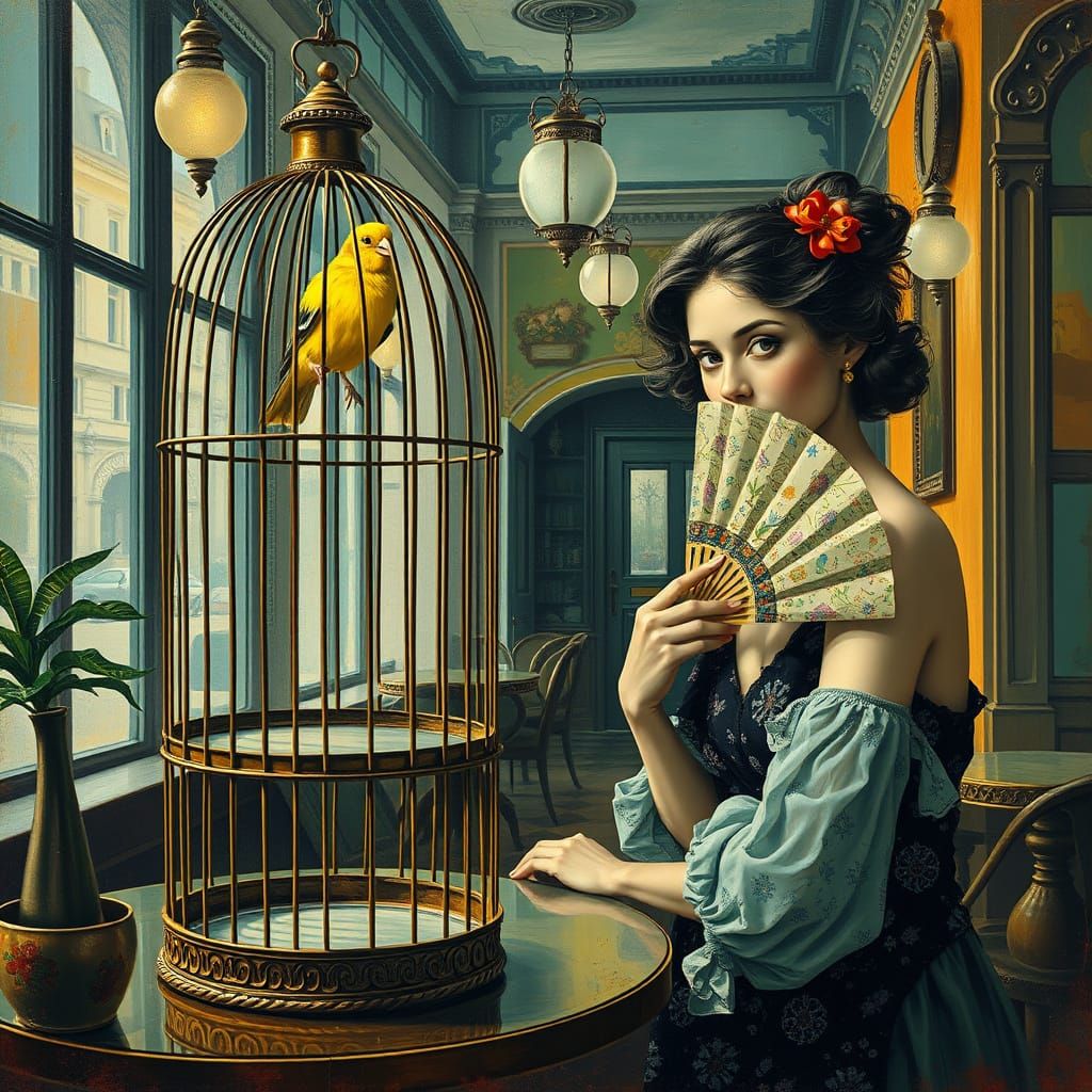 Surreal Lviv Cafe with Canary and Elegant Woman