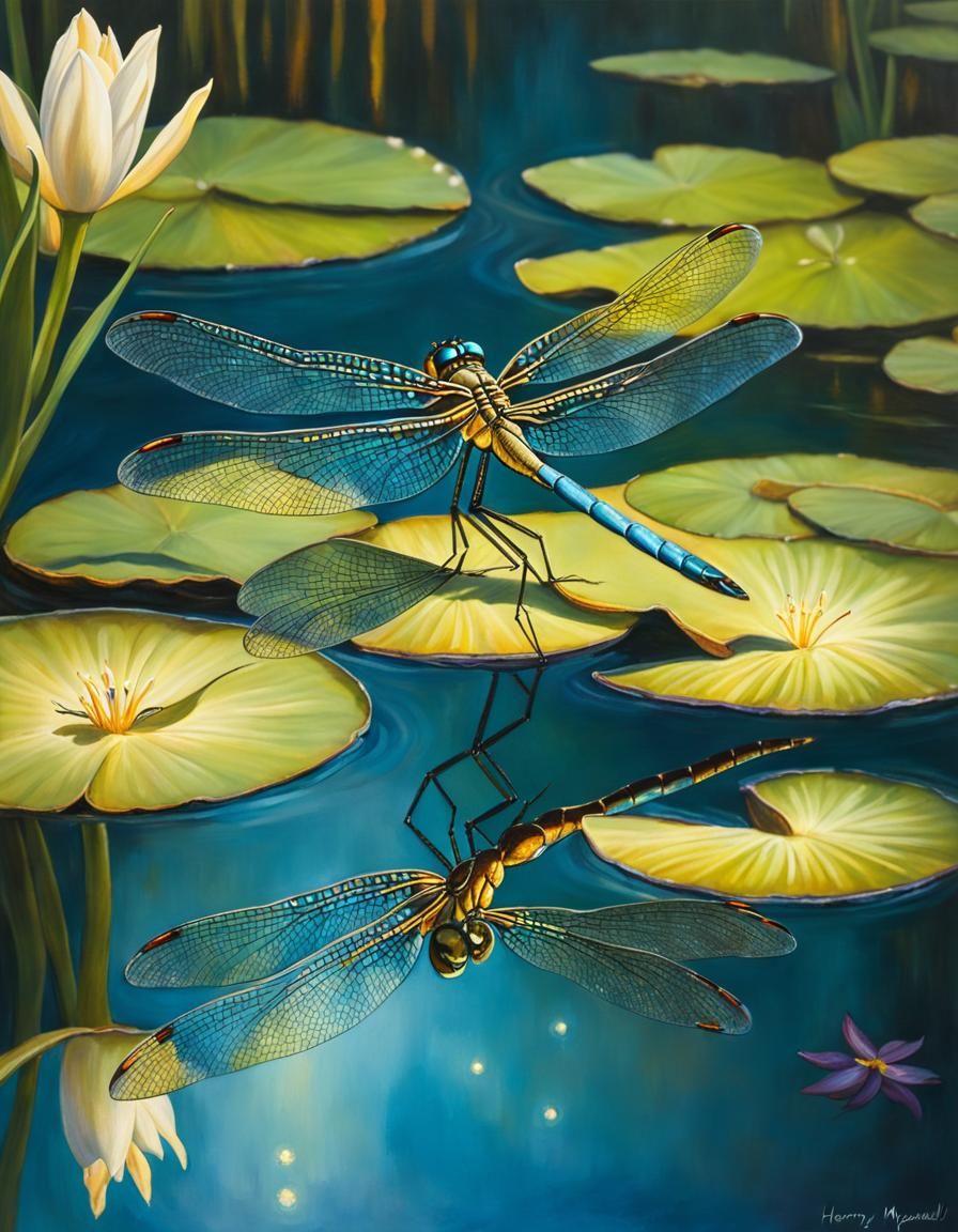 Dragonfly's Reflection on Lily Pond at Golden Hour