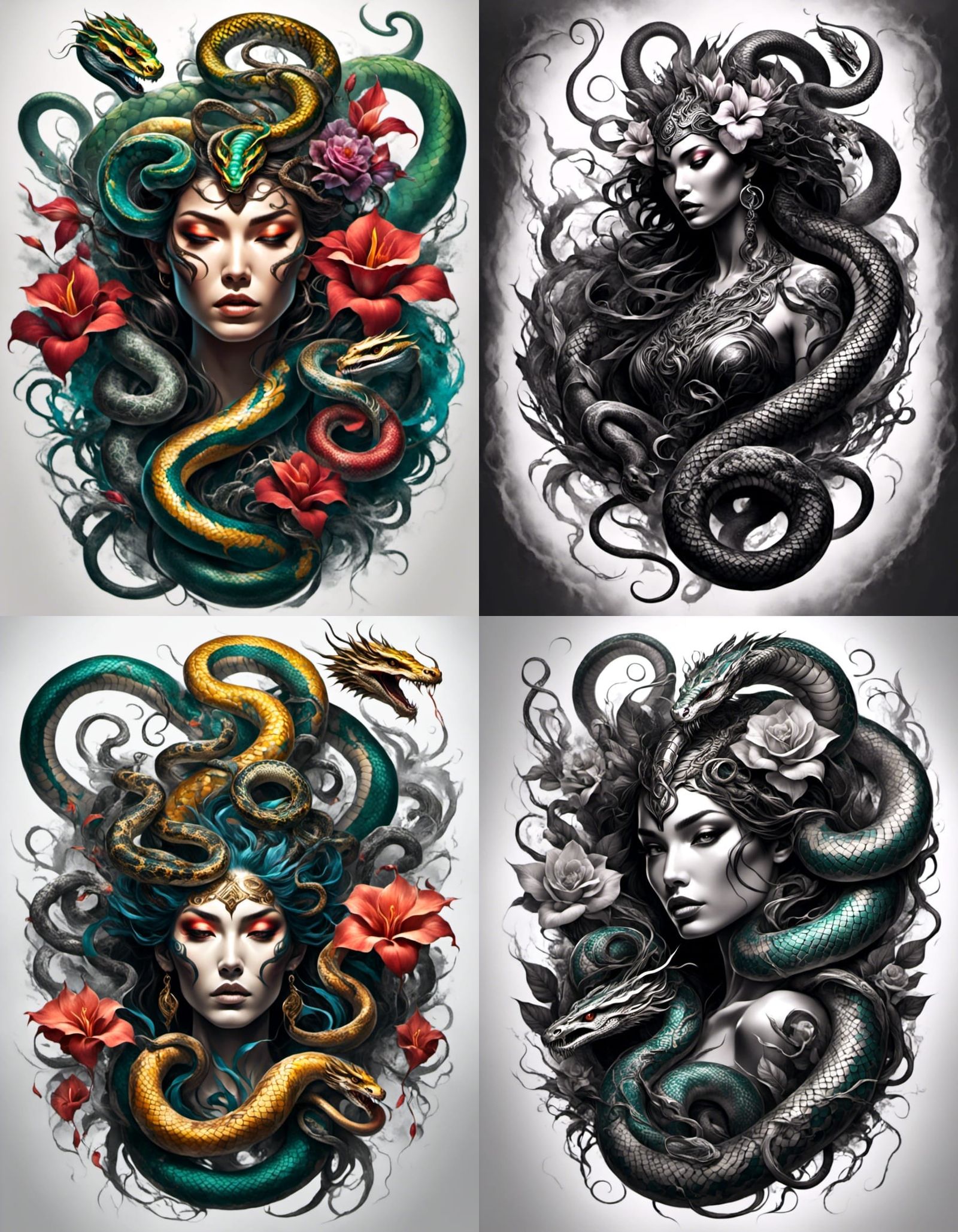 Medusa Tattoo Design with Snakes and Lilies