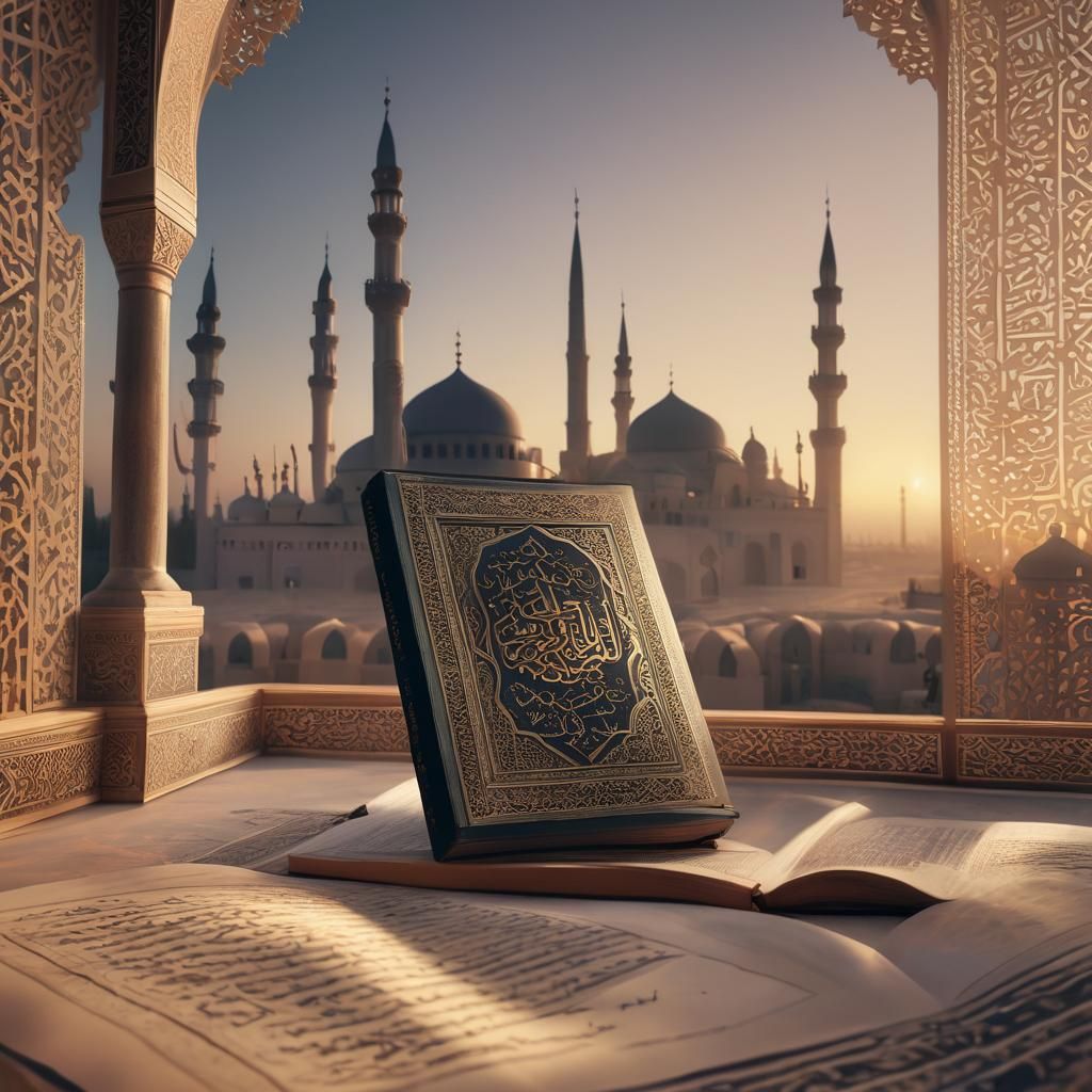 Serene Quran with Mosque Silhouette in Golden Light