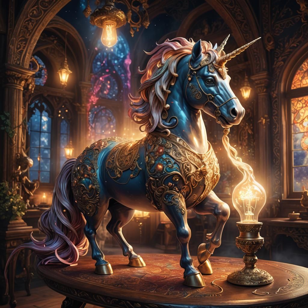Unicorn Lamp on Mystical Table, Fantasy Art