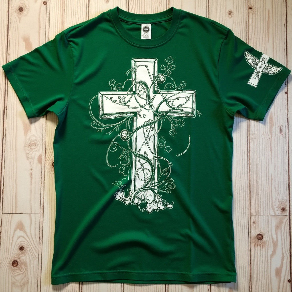 Green T-Shirt with Eagle and Cross, Streetwear Style
