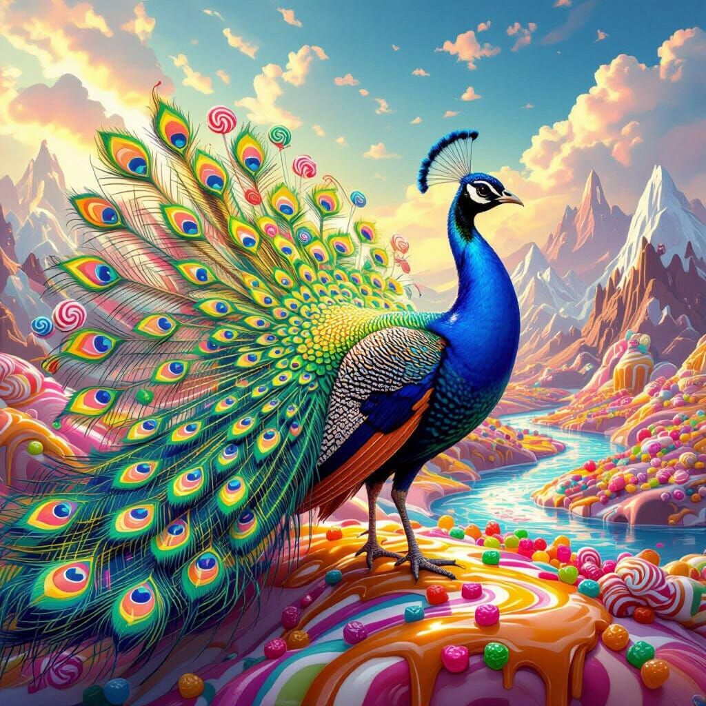Majestic Peacock on Candy Landscape Digital Painting