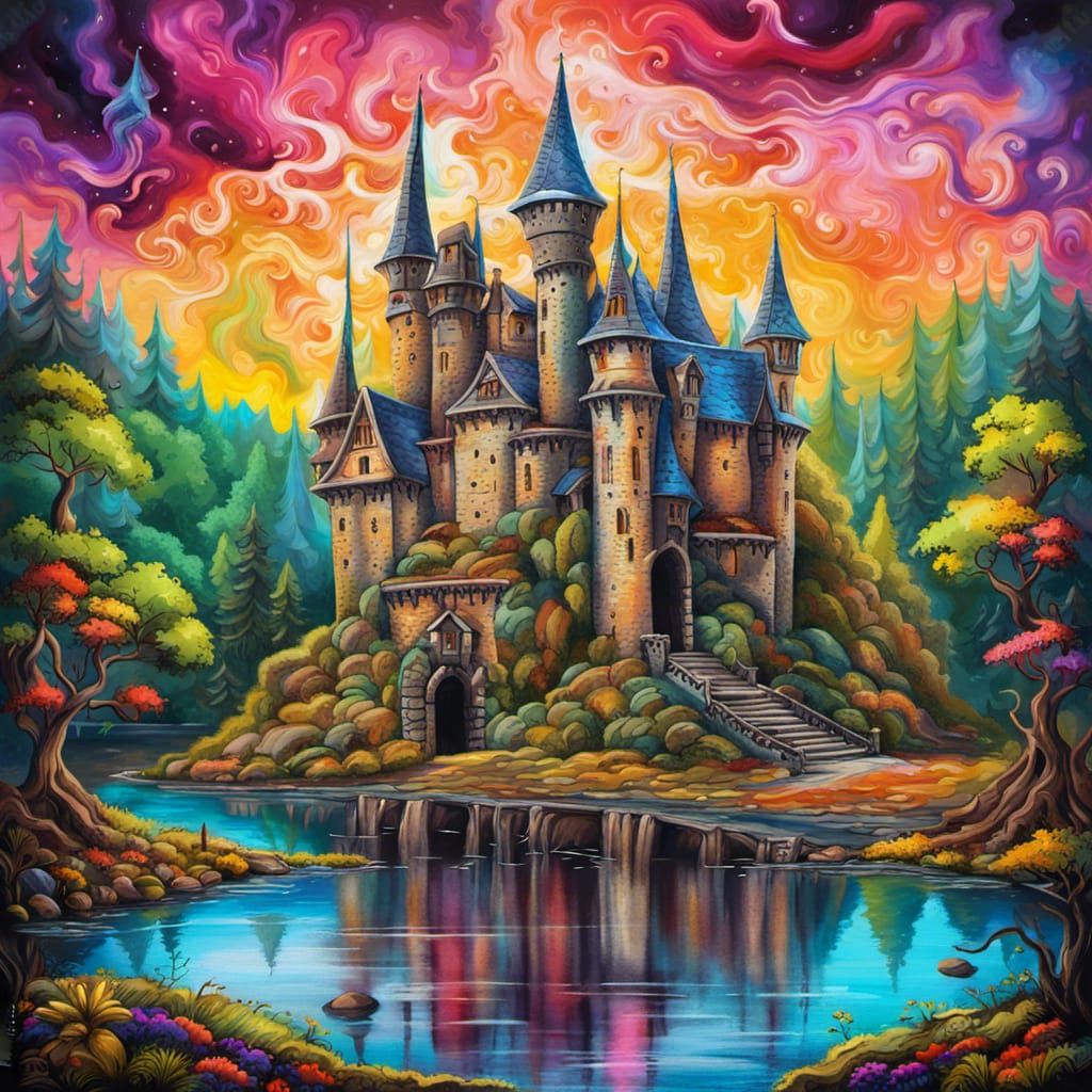 Enchanted Medieval Castle by Forest Lake in Graffiti Art