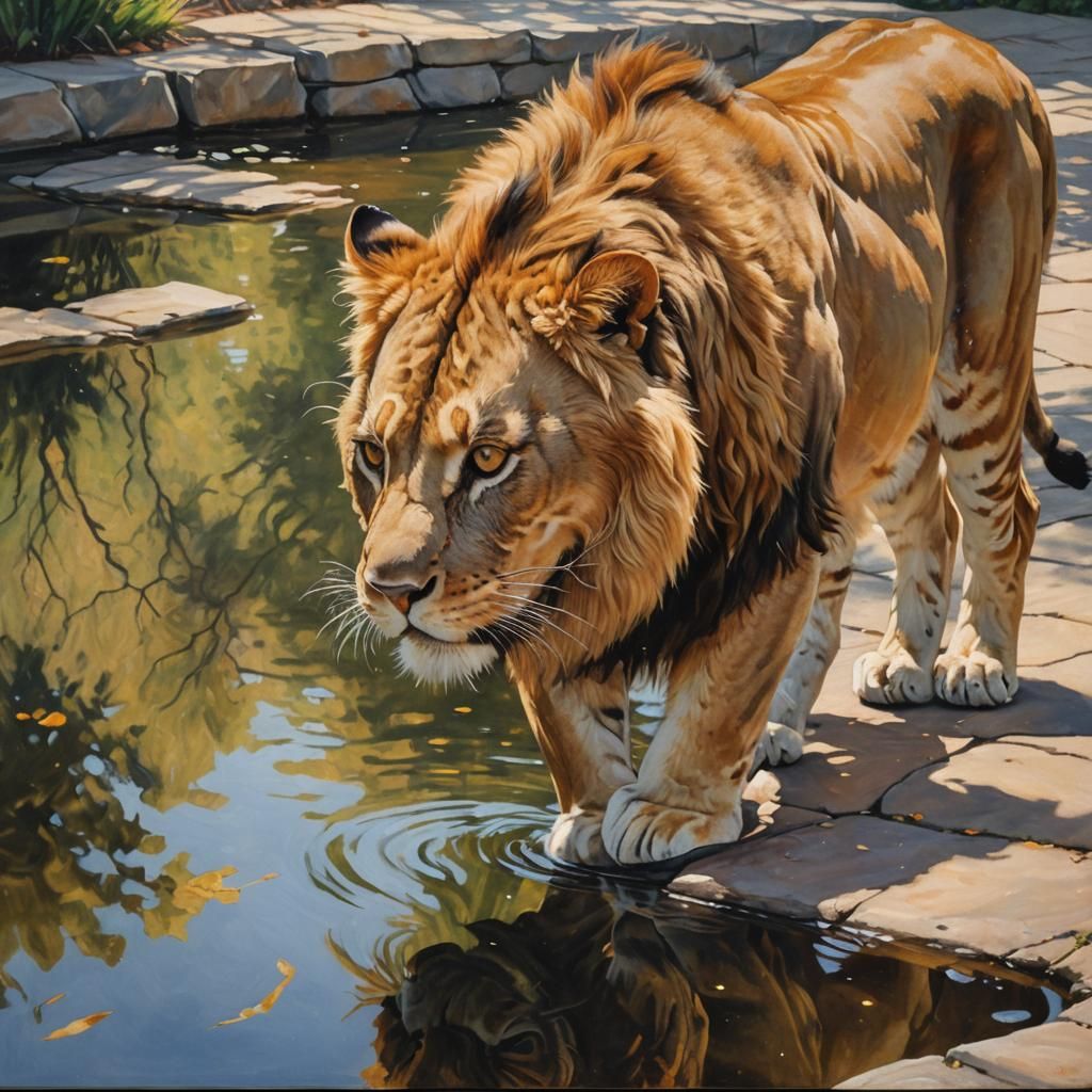 Cat's Lion Reflection: Impressionist Oil Painting