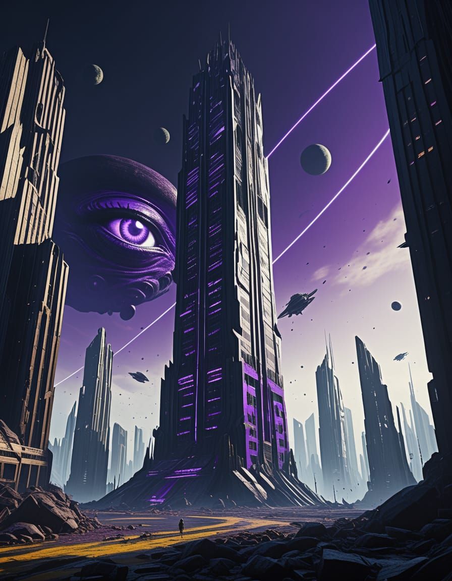 Colossal Skyscraper Pierces Alien Sky with Malevolent Eye