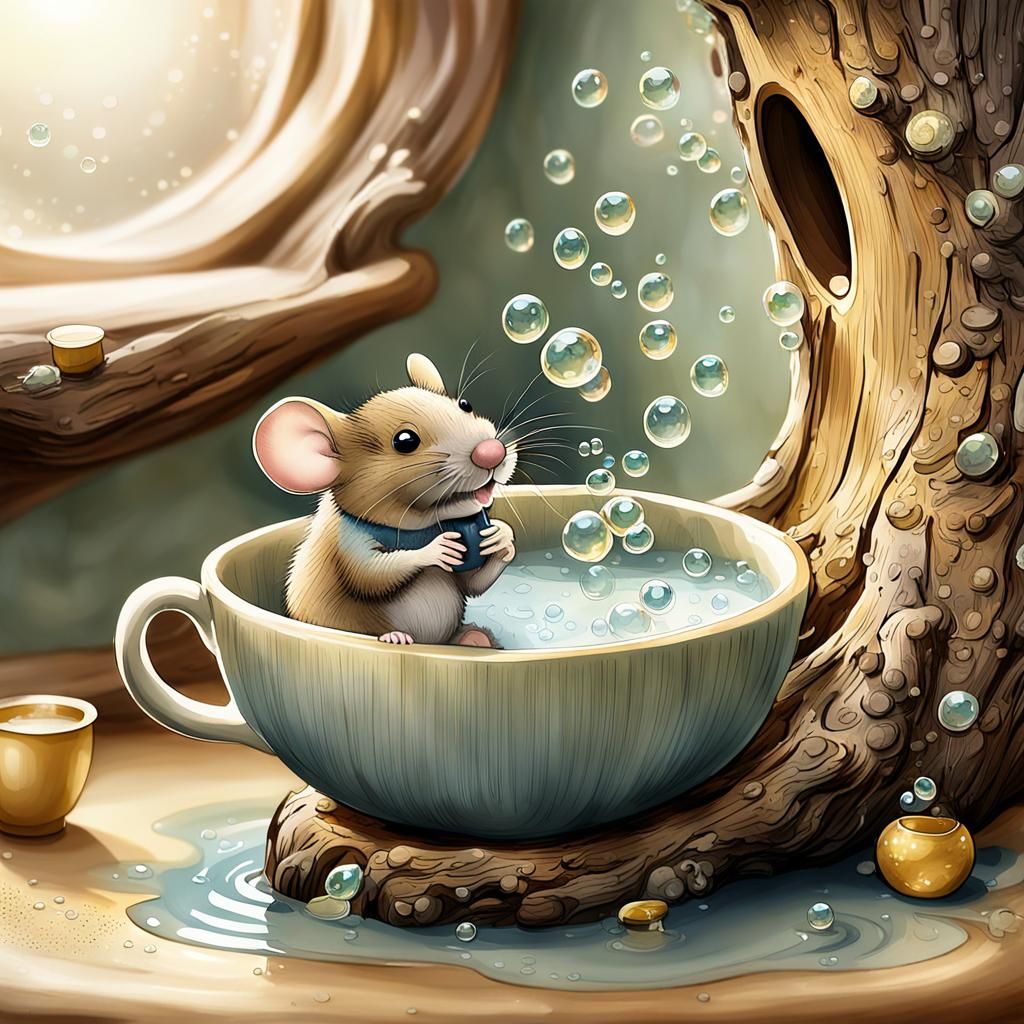 Mouse Bathing in Teacup: Whimsical Watercolor Illustration