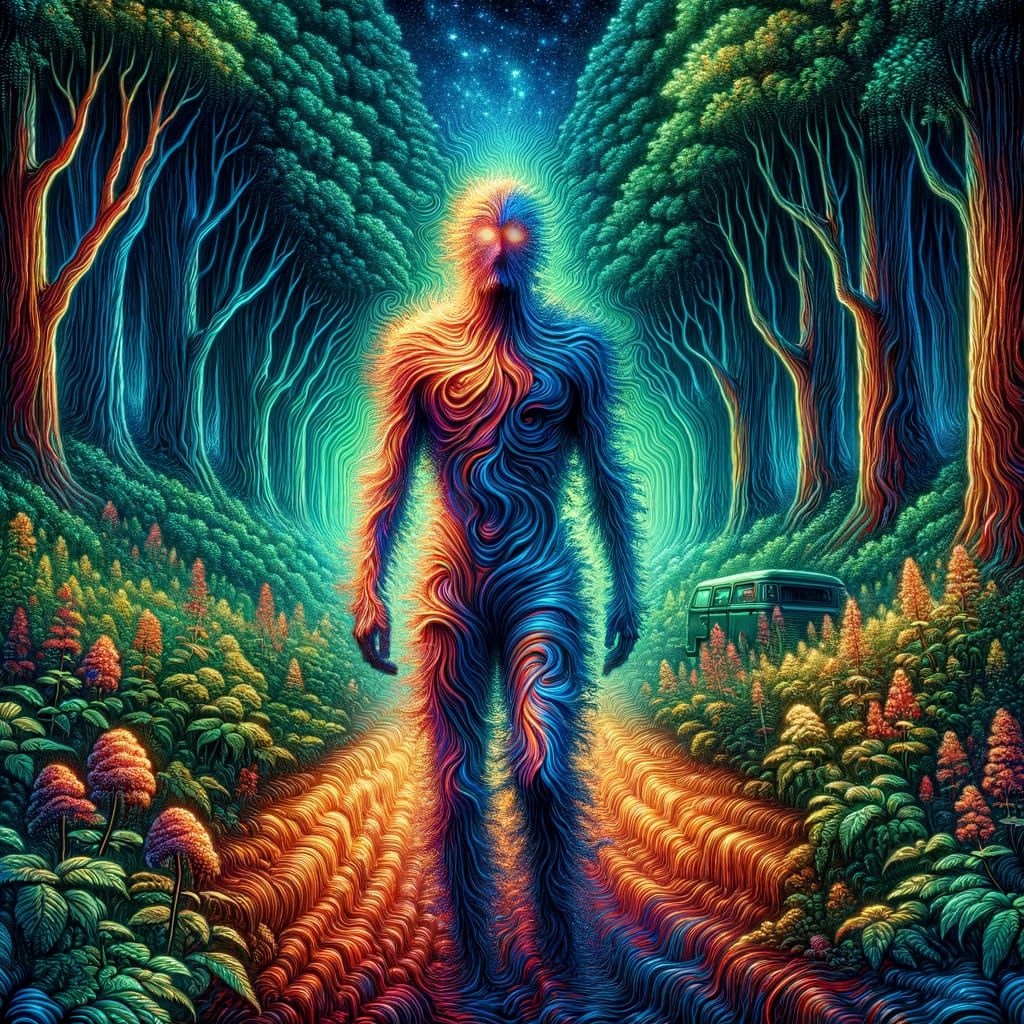 Enigmatic Shimmering Figure in Lush Forest