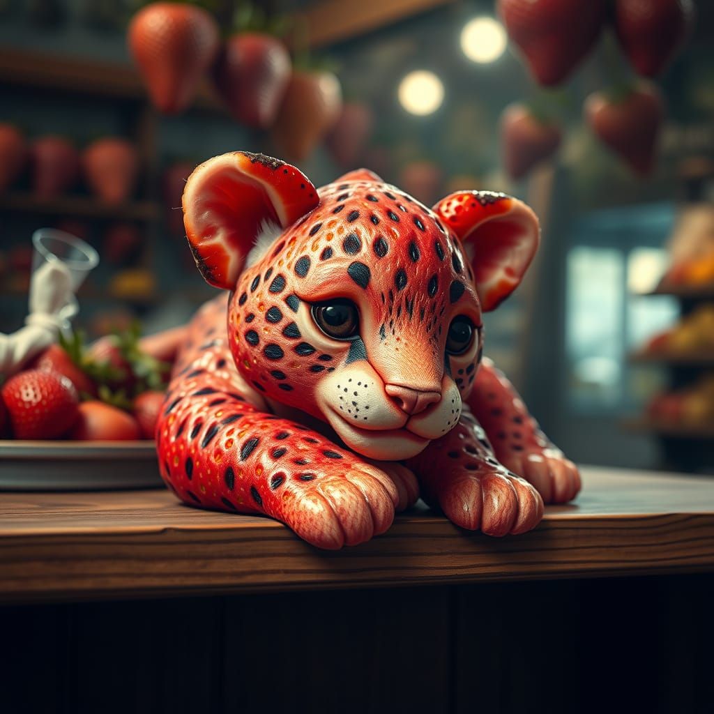 Whimsical Strawberry Leopard Pup in Fruit Seller's Shop