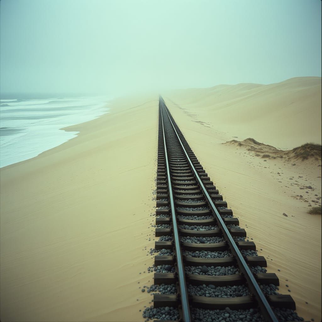Dramatic Railroad Between Dunes and Sea: Cinematic Film Stil...