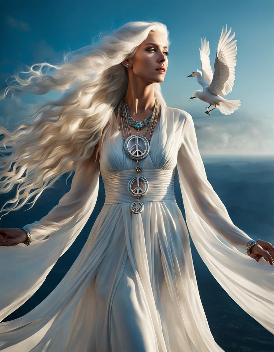 Levitating Woman with Peace Symbols in Detailed 8K