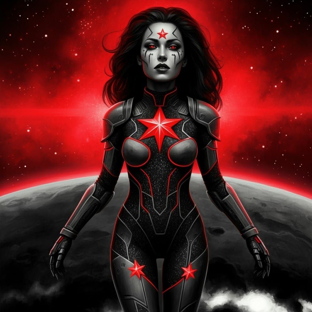 Futuristic Woman in Charcoal Illustration with Red Accents