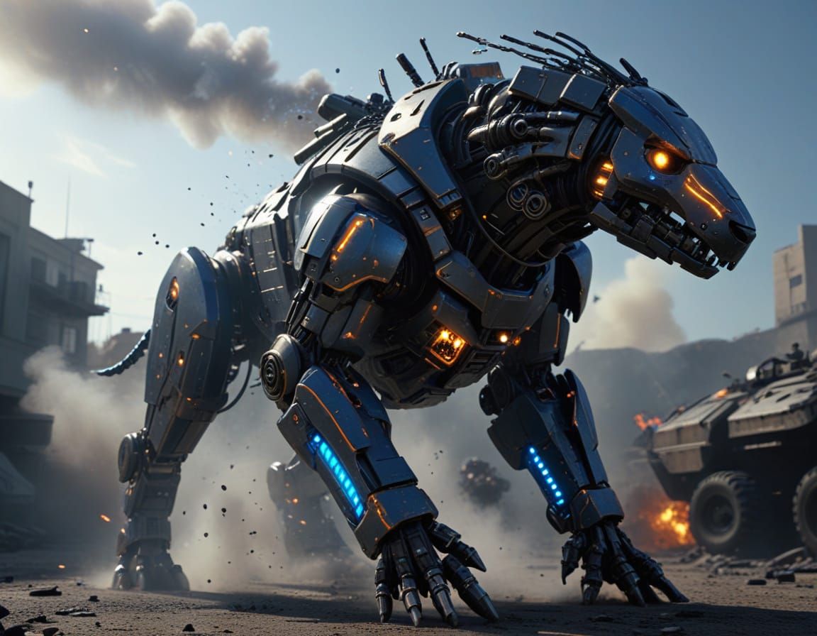 Robotic Dog in War Zone: Hyper-Realistic Digital Art