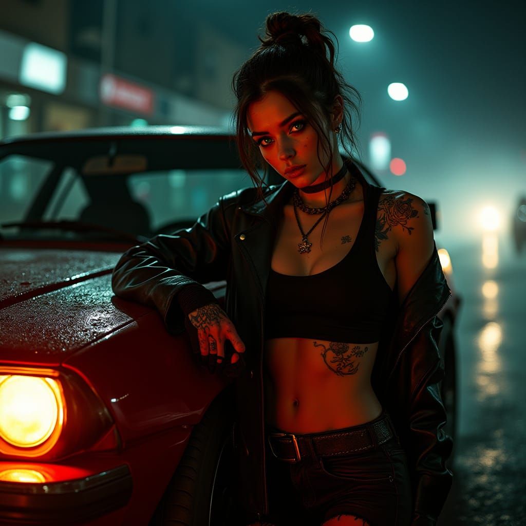 Fierce Woman Leaning on Modified Car in Cyberpunk Style