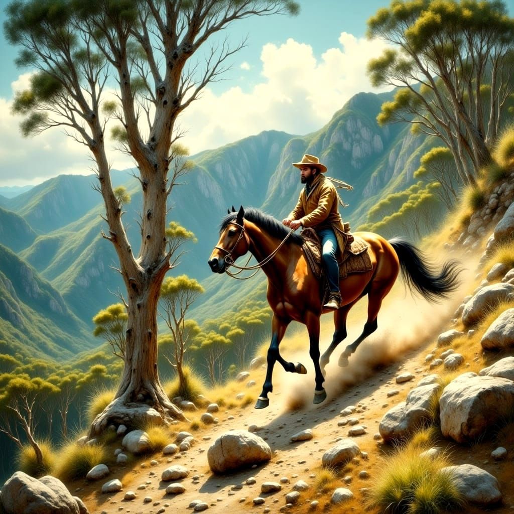 Mountain Horseman Rides Grandly in Australian Landscape