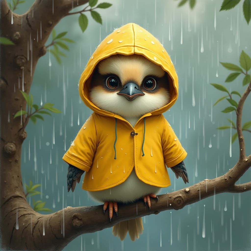 Whimsical Kookaburra in Rainy Woodland Scene