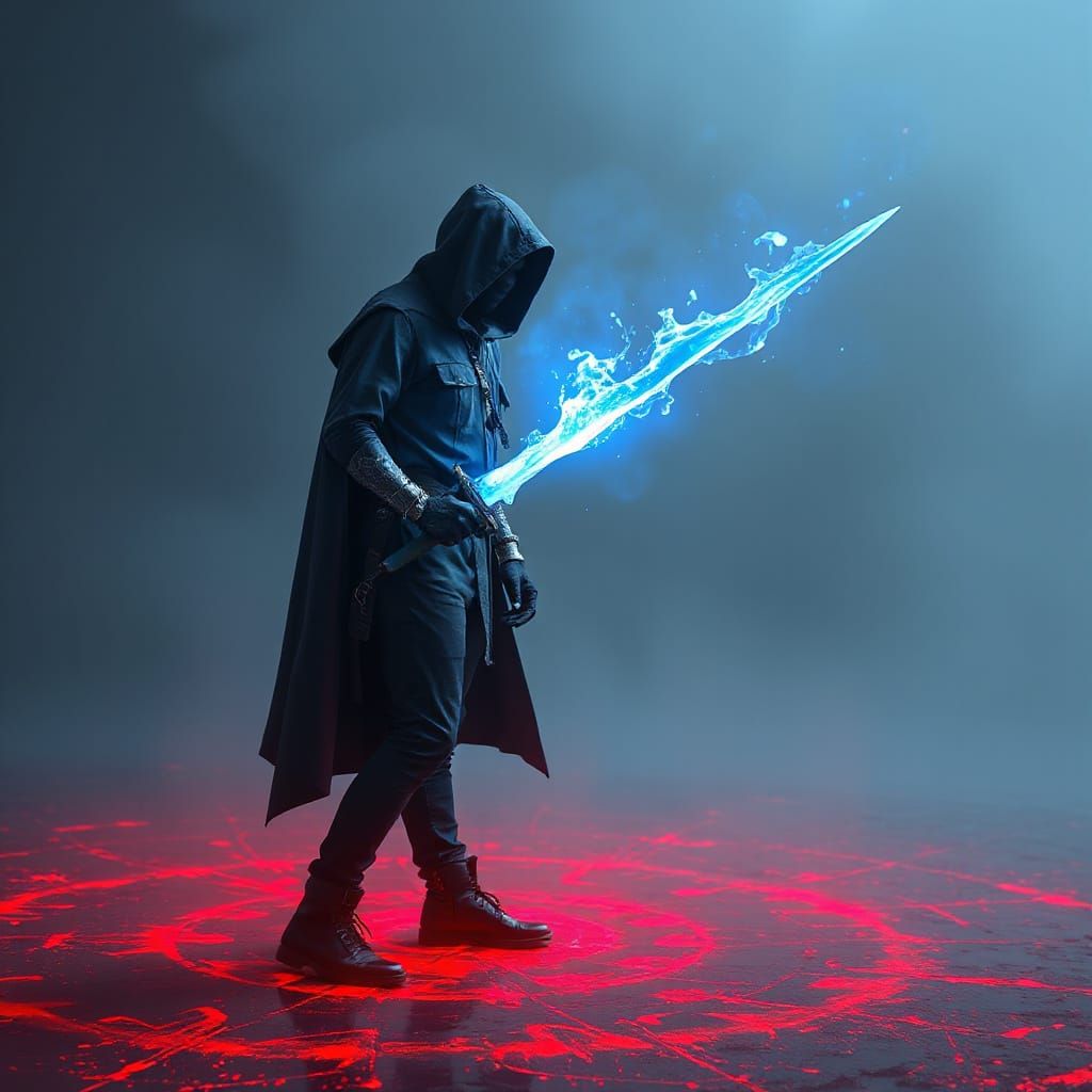 Hooded Figure with Flaming Sword on Forcefield