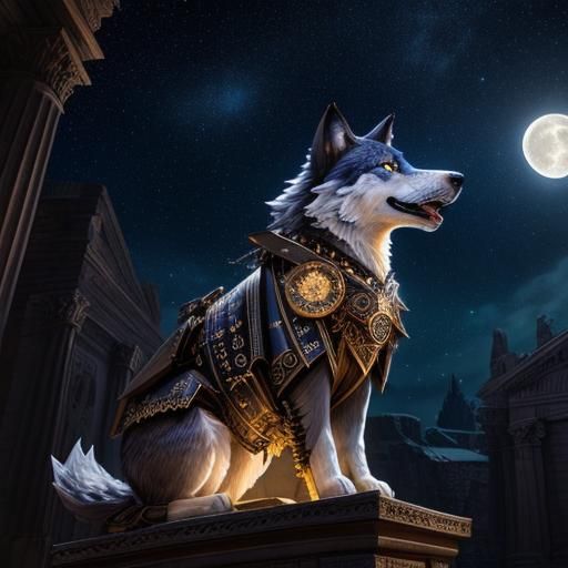 Steampunk Wolf Under Starry Night in Roman Architecture