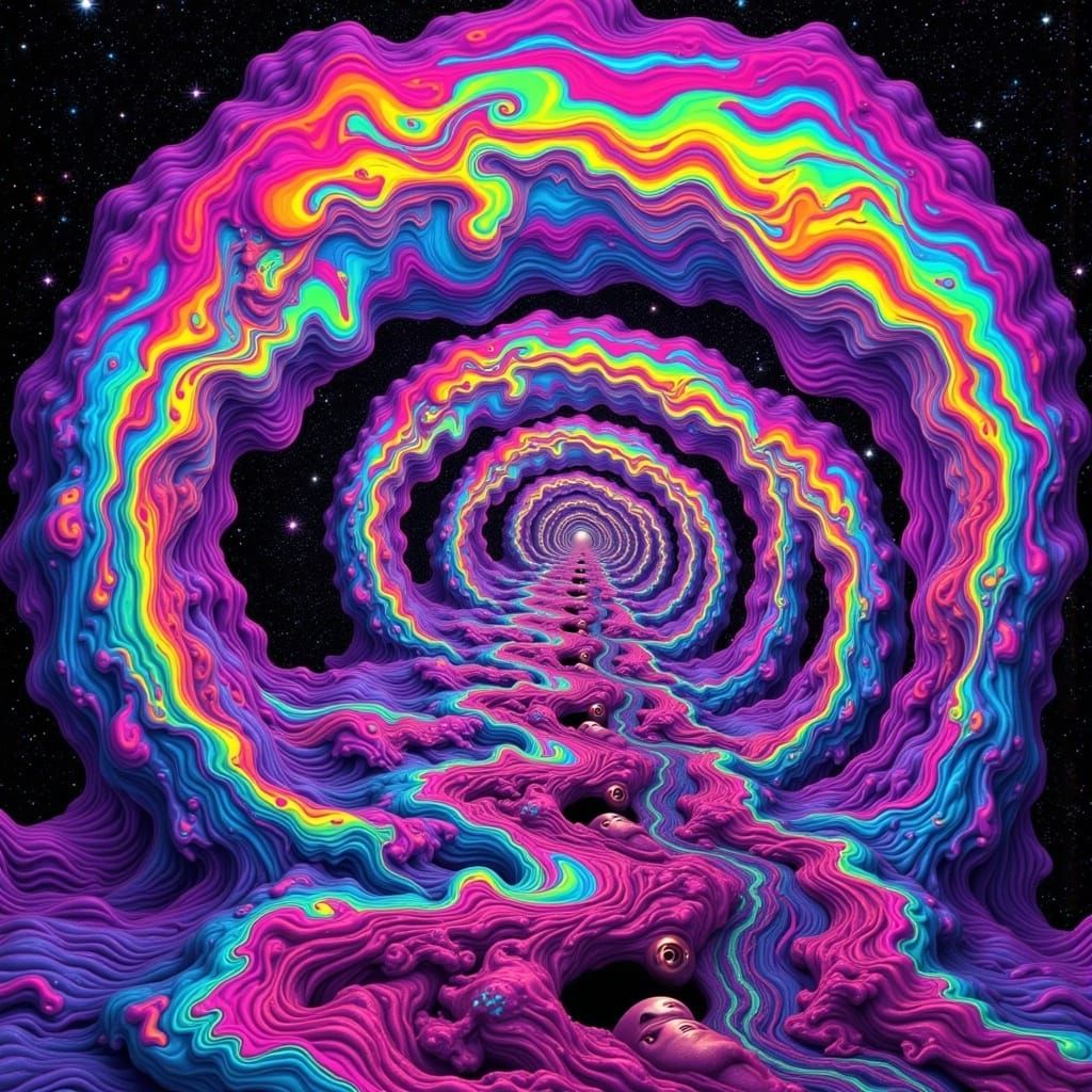 Vibrant Cosmos with Distorted Heads in Biomechanical Art