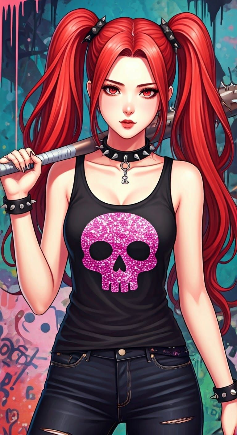 Fiery Anime Woman with Spiked Bat in Graffiti Alley