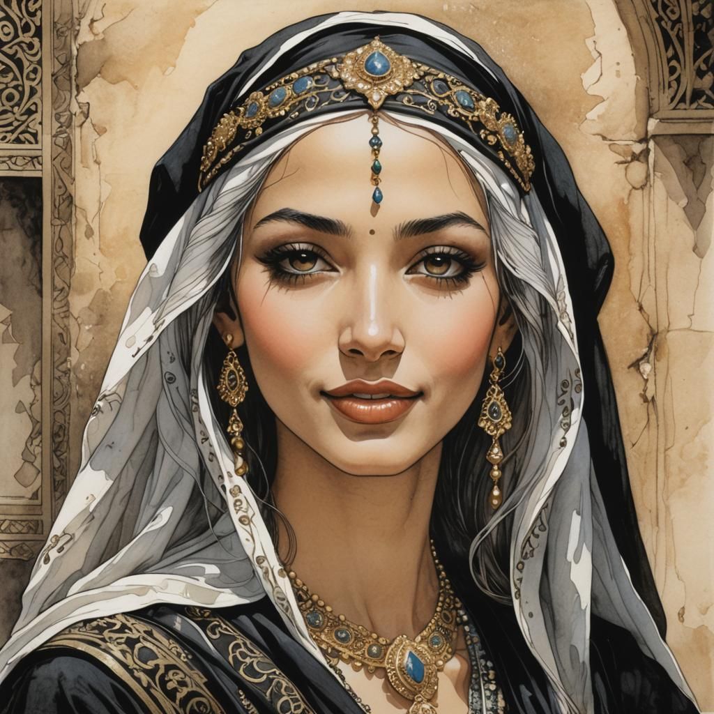 Monochrome Portrait of an Arabian Princess in Comic Art Styl...