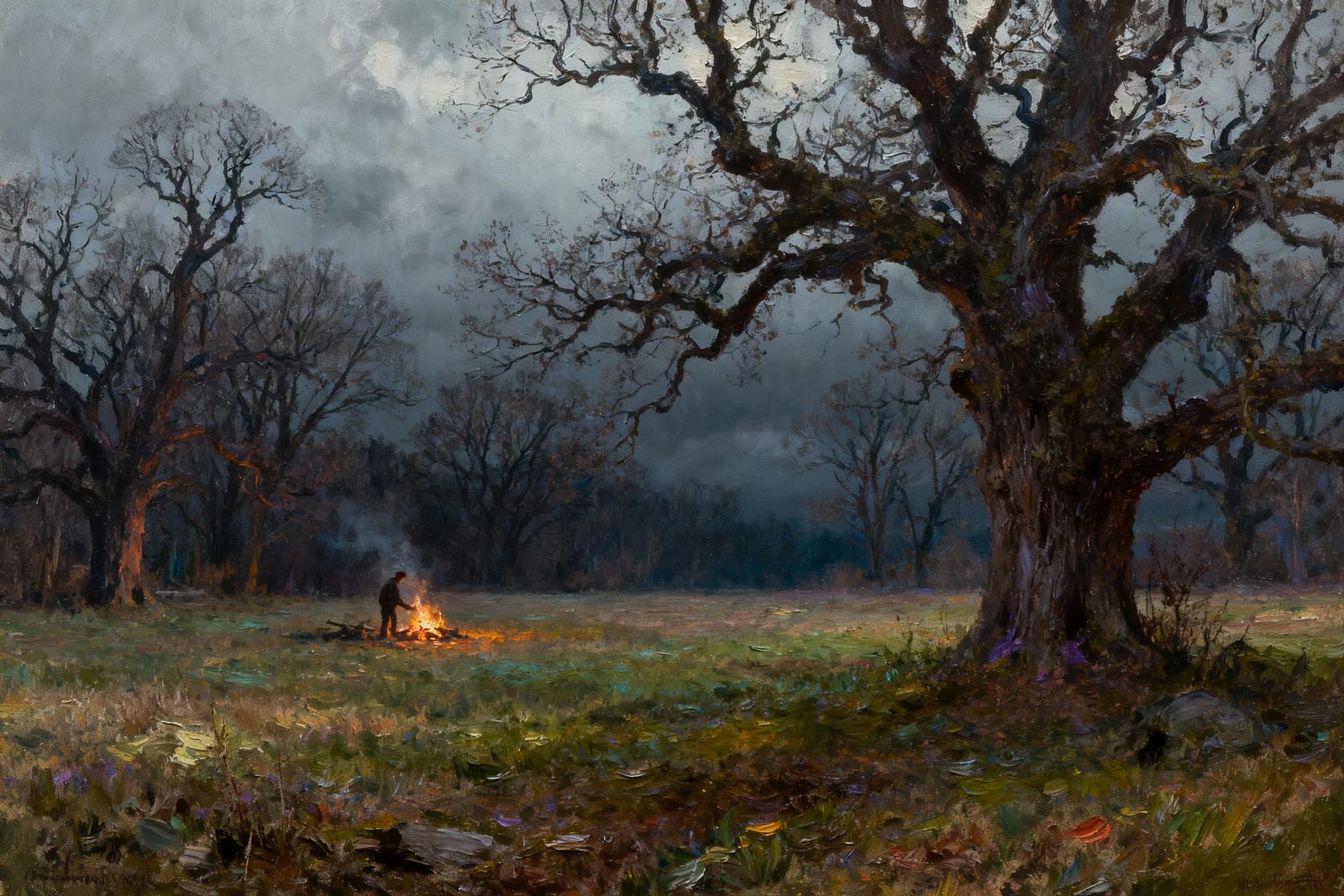 Moody Overcast Morning Oil Painting of a Distant Campfire