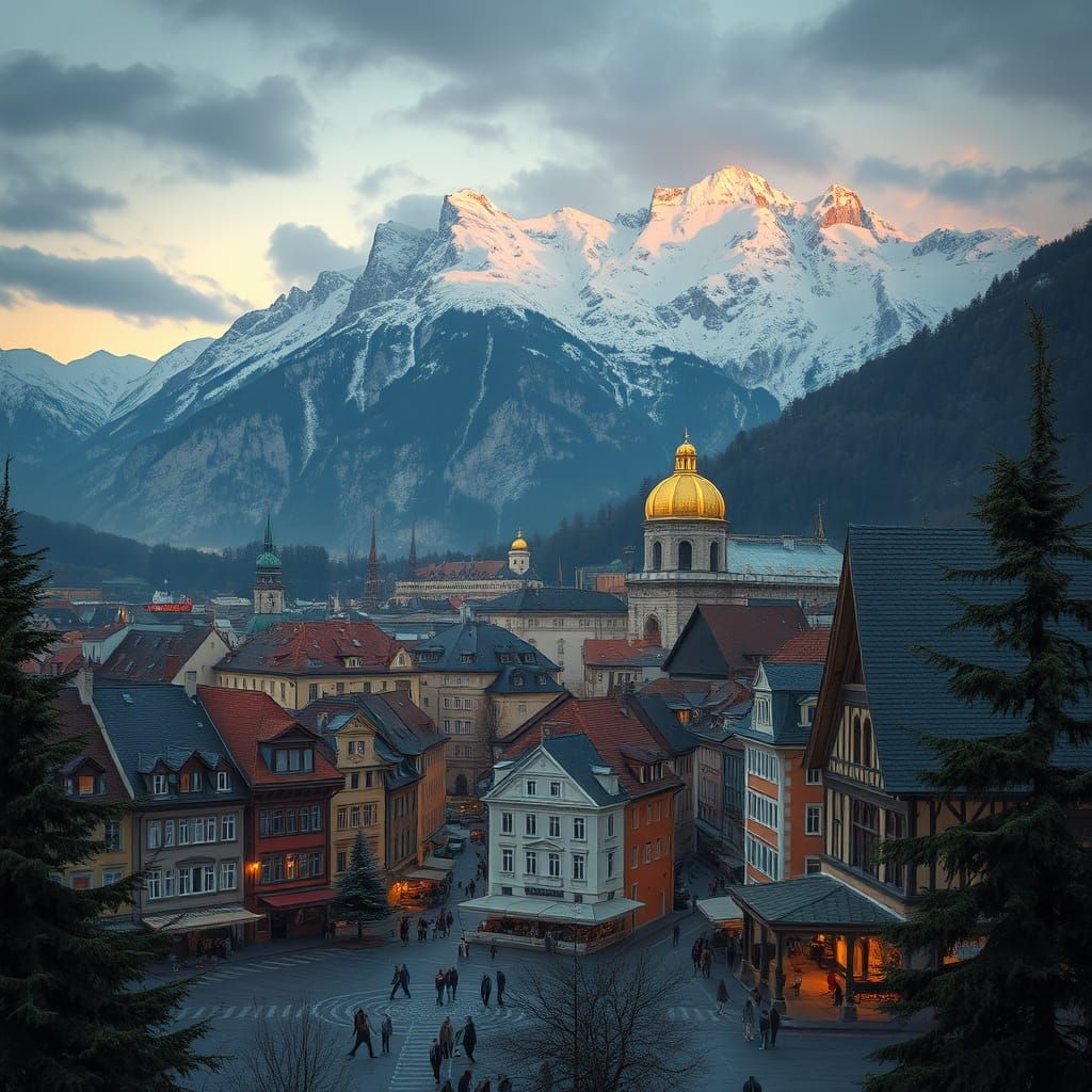 Alpine Cityscape with Golden Roof and Snow-Capped Mountains