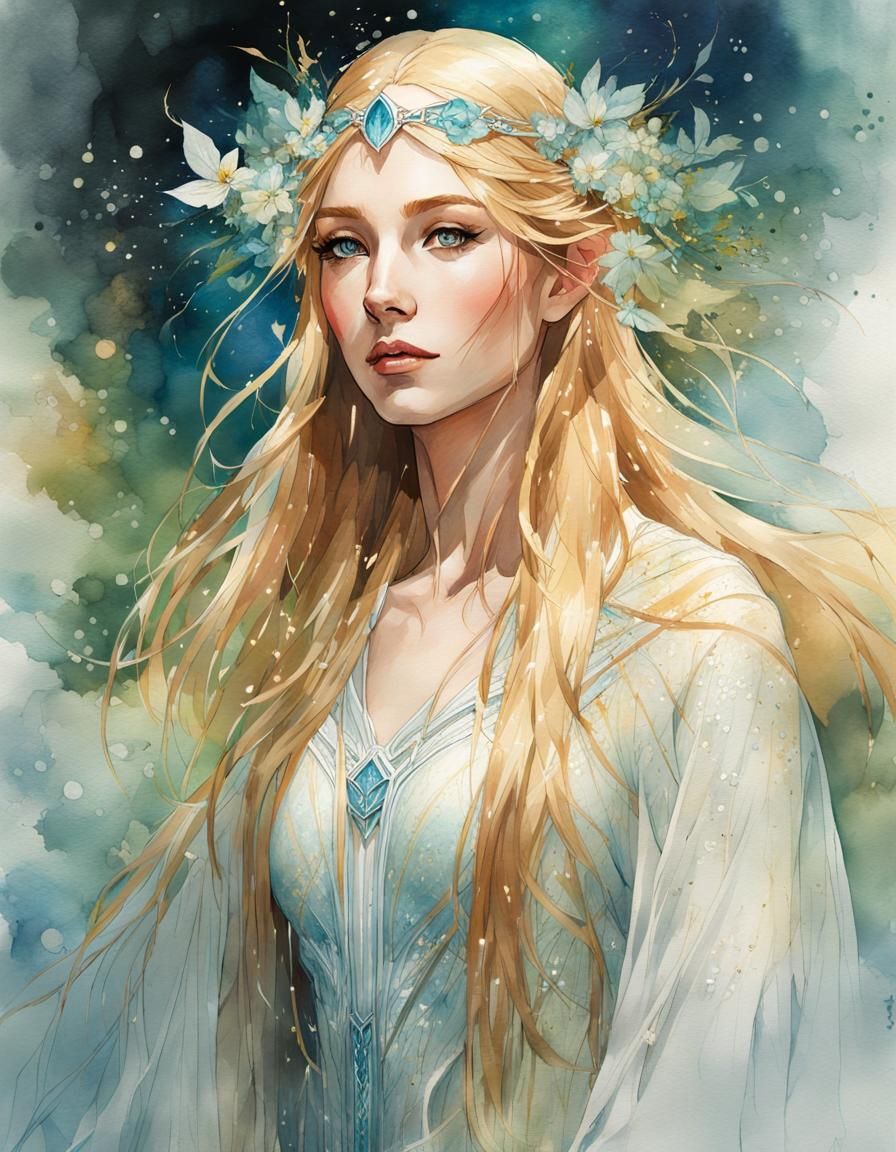 Galadriel Portrait in Watercolor Manga Style