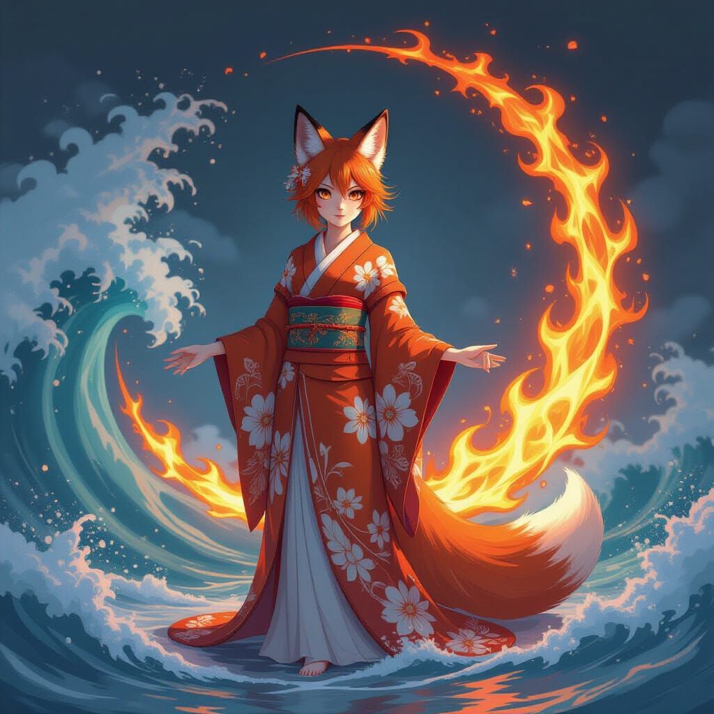 Mystical Fox Girl at the Axis of Elements