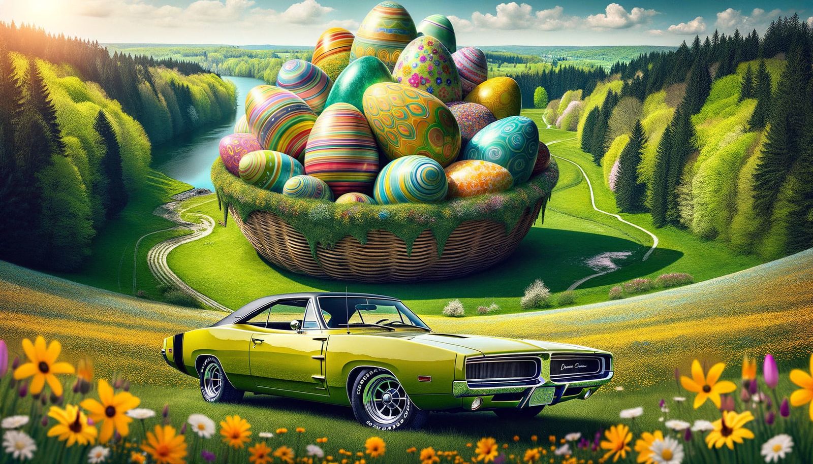 A huge Easter Basket and an Early model Dodge Charger