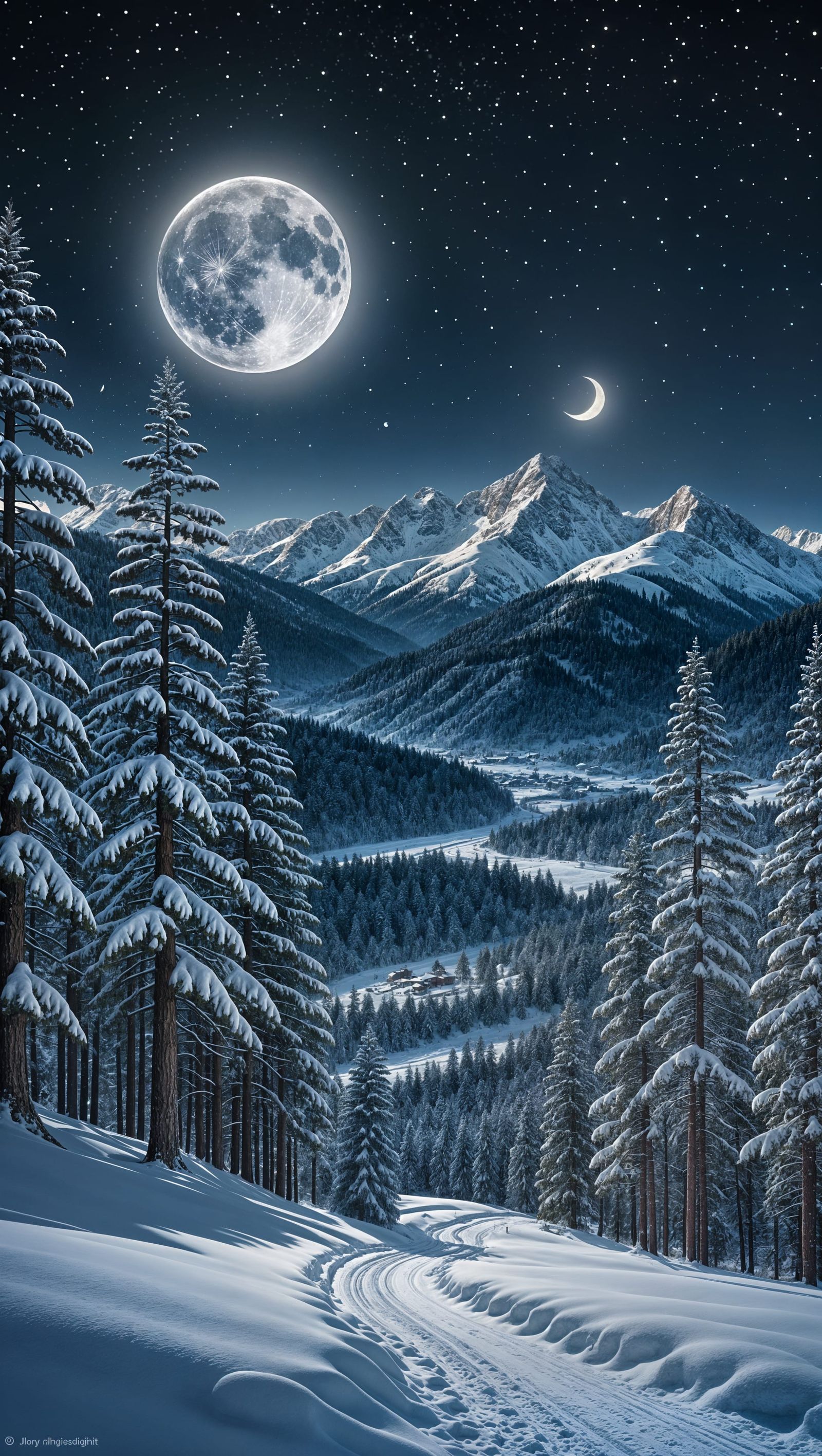 Fairytale Winter Night at Snowy Mountain Foothills