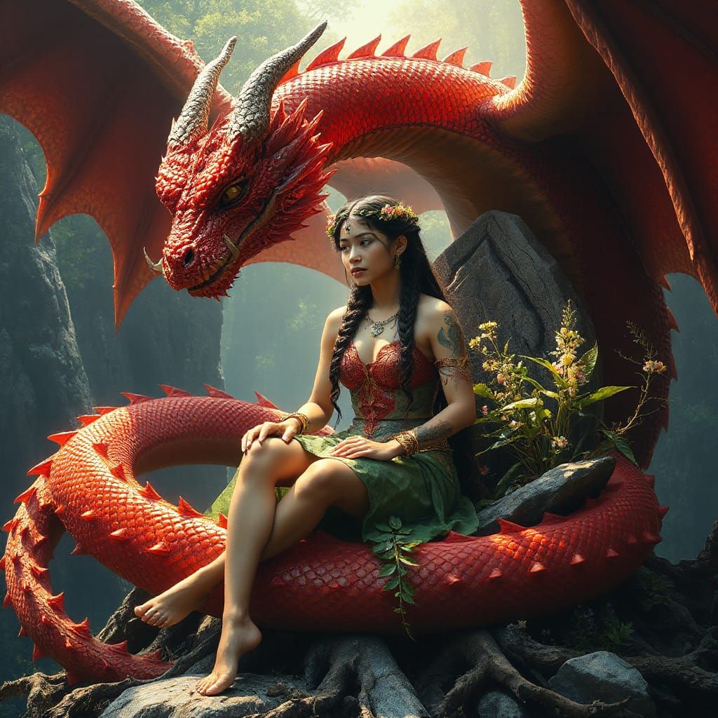 Dragon and Earth Goddess in Fantasy Art Style