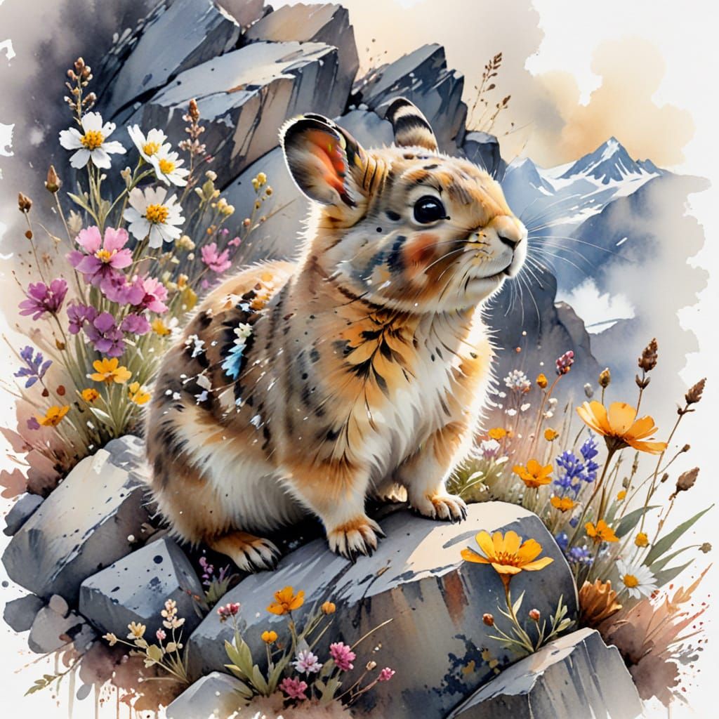 Adorable American Pika Gathering Wildflowers in Watercolour