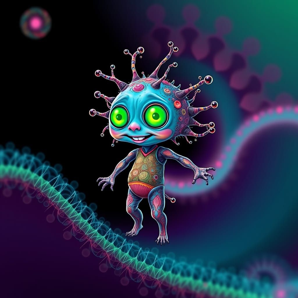 Joyful Microbe Drawing a Human in Abstract Style